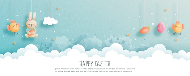 Happy easter with cute bunny and easter eggs in paper cut style  illustration. Premium Vector