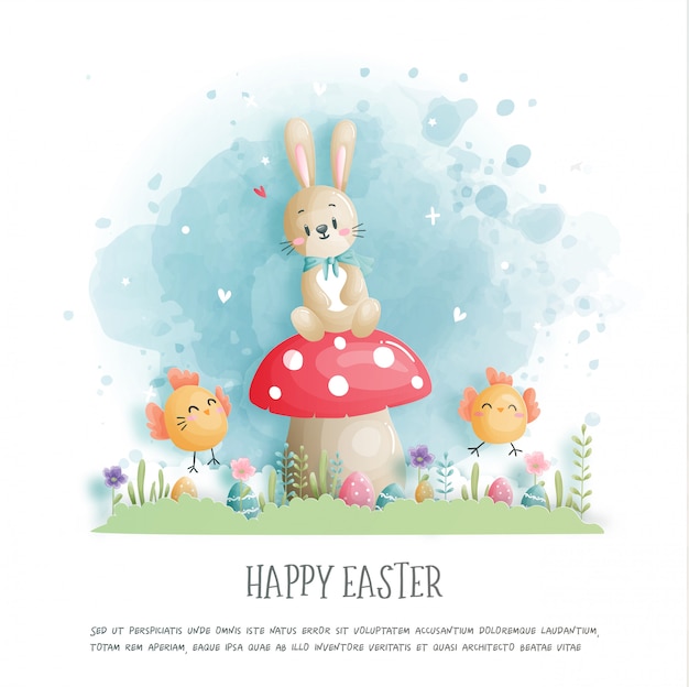 Happy easter with cute bunny and easter eggs in paper cut style  illustration. Premium Vector