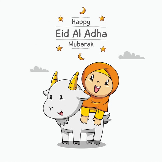 Happy eid al adha mubarak. hand drawn cute muslim girl ...