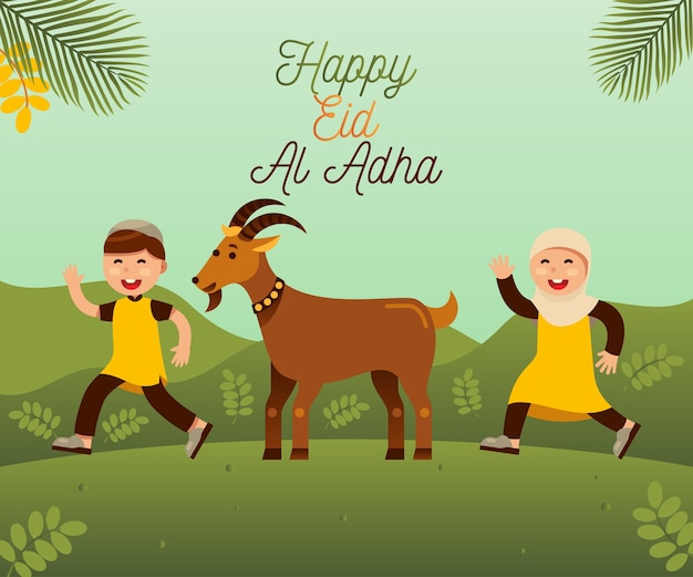 Premium Vector | Happy eid al adha with moslem kids and goat for qurban