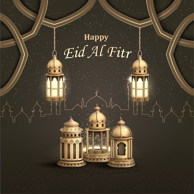 Happy eid al fitr islamic greeting card design with beautiful golden