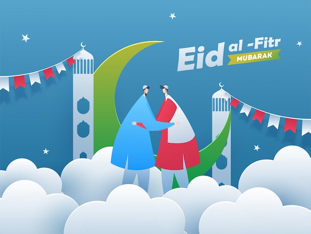 Happy eid al-fitr mubarak, faceless muslim men hugging each other. creative bunting decoration Premium Vector