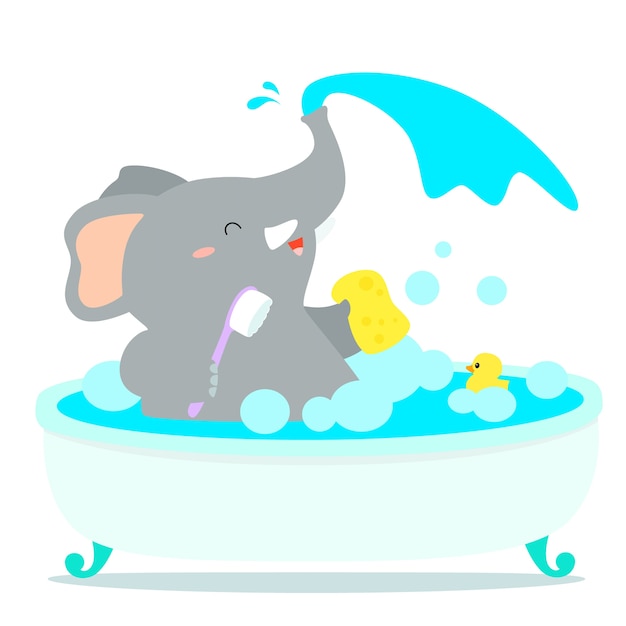 Download Happy elephant cartoon take a bath in tub | Premium Vector