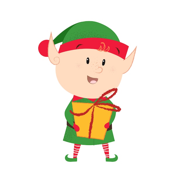 Premium Vector | Happy elf holding gift box