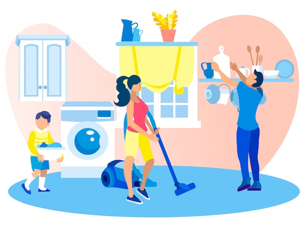 Premium Vector | Happy family clean home on weekend usually routine