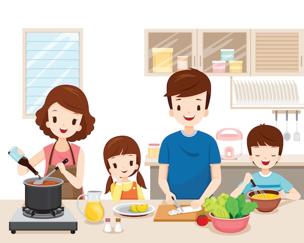 happy-family-cooking-food-in-the-kitchen-together-premium-vector