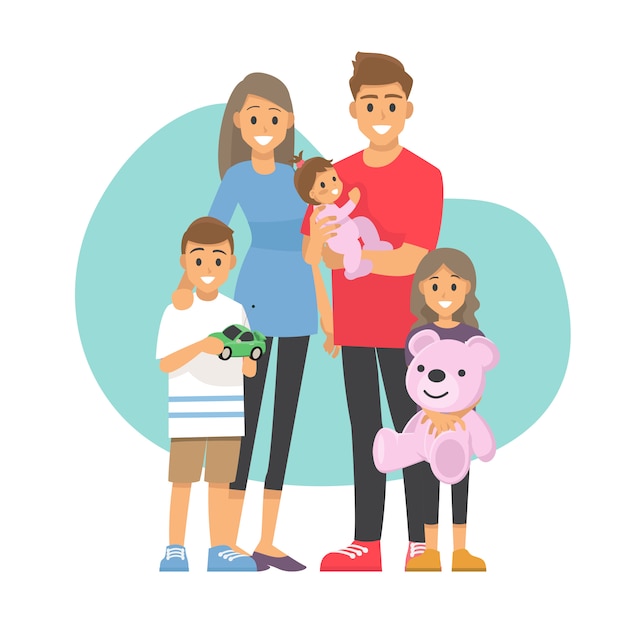 幸せな家族 お父さん お母さん 息子と娘と一緒に赤ちゃん イラスト漫画のキャラクター プレミアムベクター