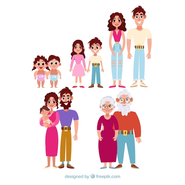 Happy family in different life stages with flat design | Free Vector