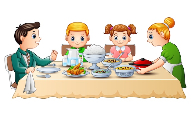 Happy family eating dinner together on dining table Vector ...