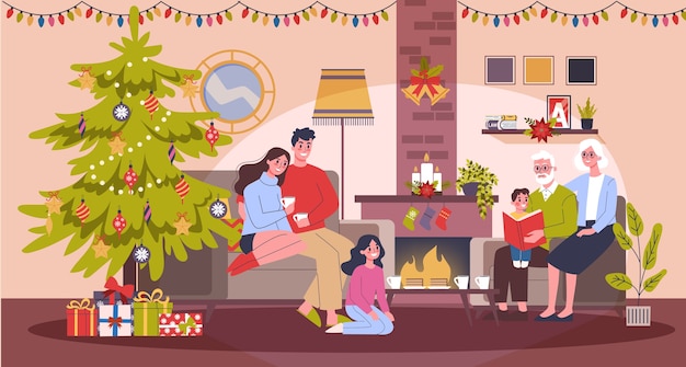 幸せな家族がクリスマスのお祝いを楽しんでいます ホームパーティ 新年を祝います リビングルームのインテリア 漫画のスタイルのイラスト プレミアムベクター