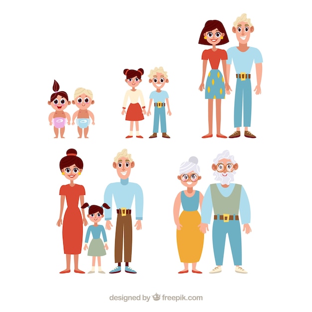 Happy family in different life stages with flat\
design
