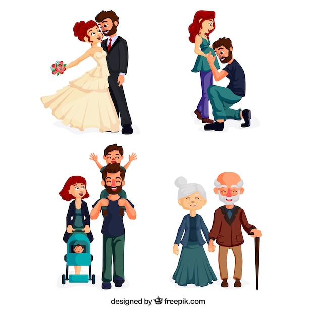 Happy family in different life stages with flat
design