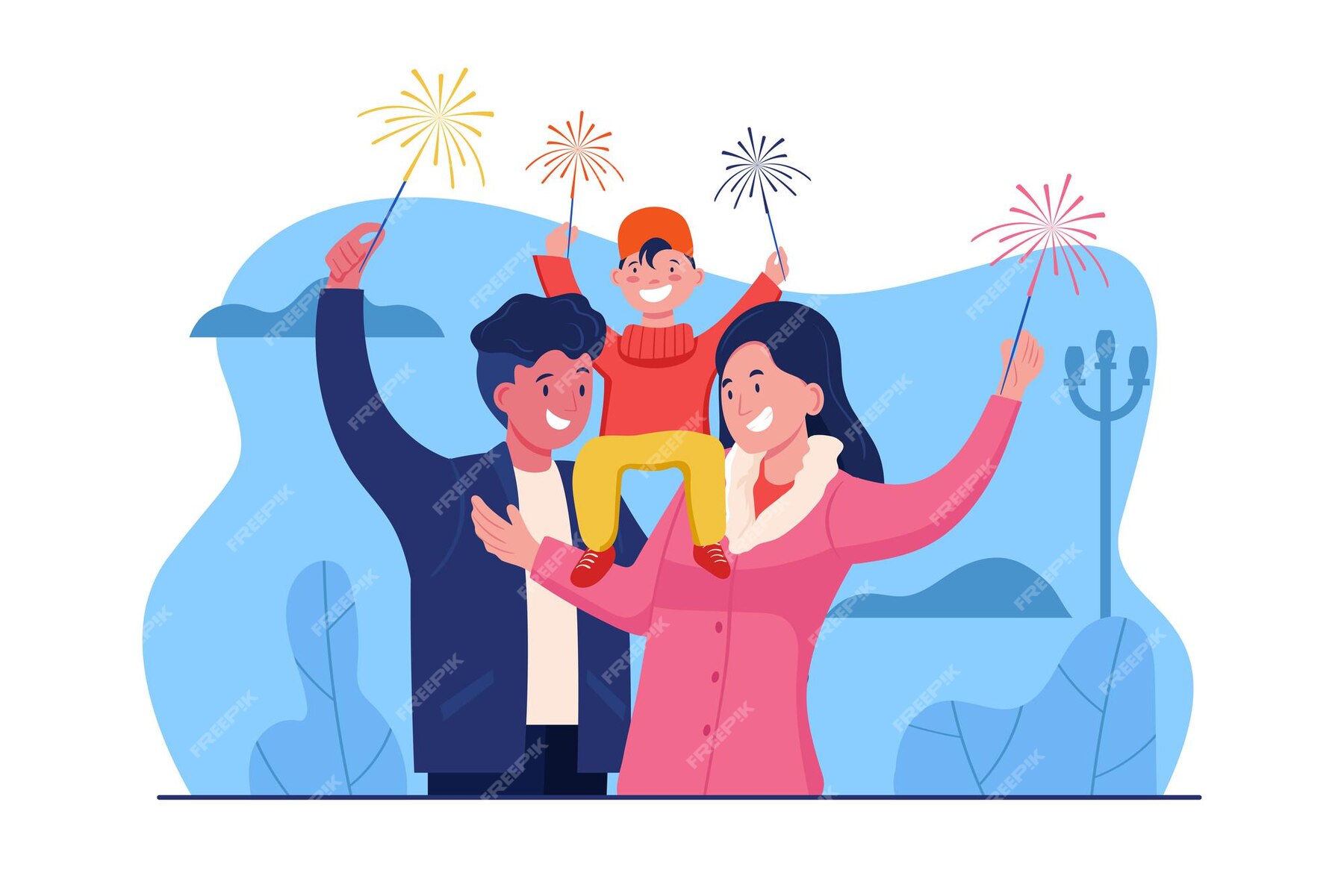 Premium Vector | Happy family playing fireworks vector illustration