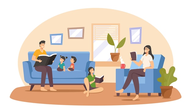 Happy family reading at home. father, mother and children characters sitting on couch with interesti