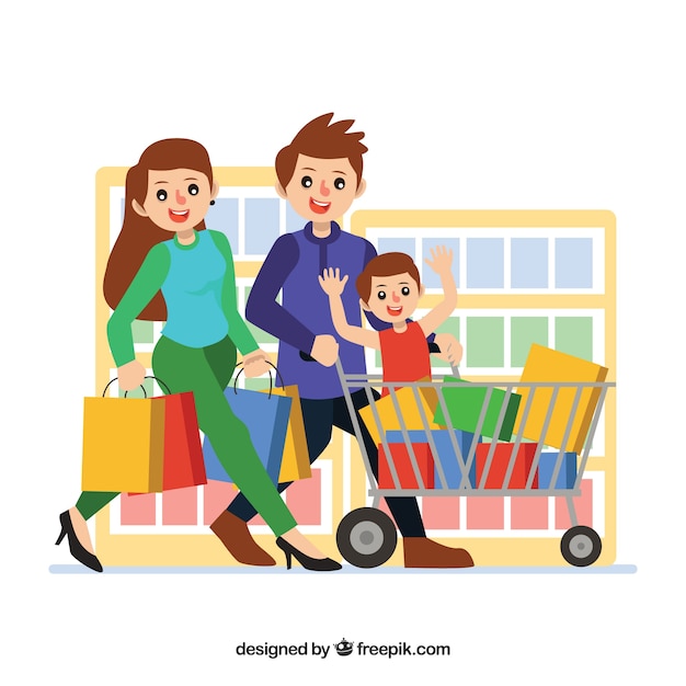 Happy family shopping with flat design
