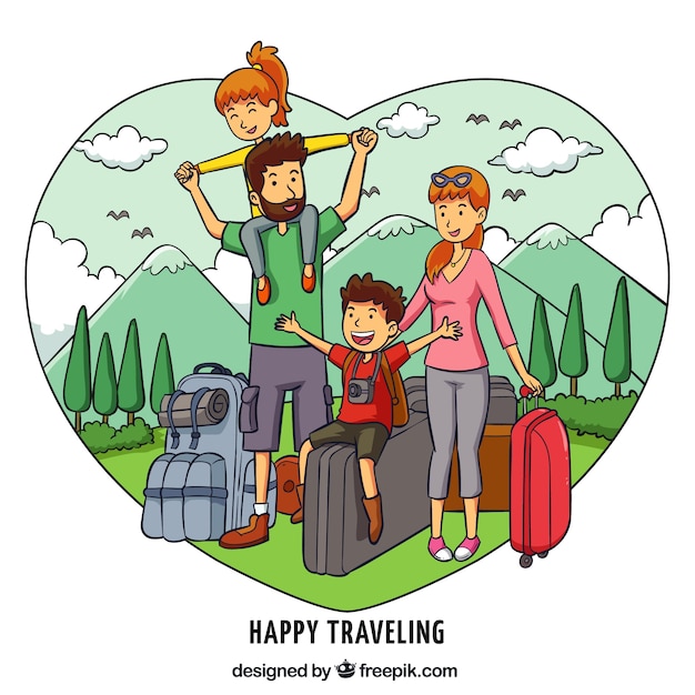 Happy family traveling in hand drawn\
style
