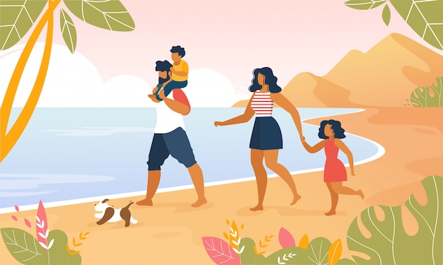 Happy family walking outdoors along ocean beach | Premium Vector
