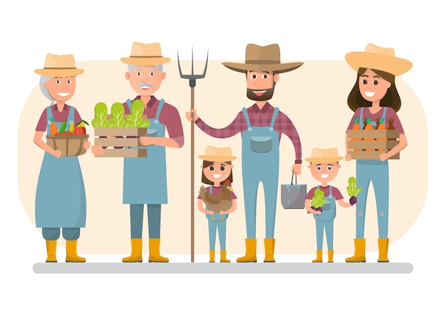 Premium Vector | Happy farmer family cartoon character in organic rural ...