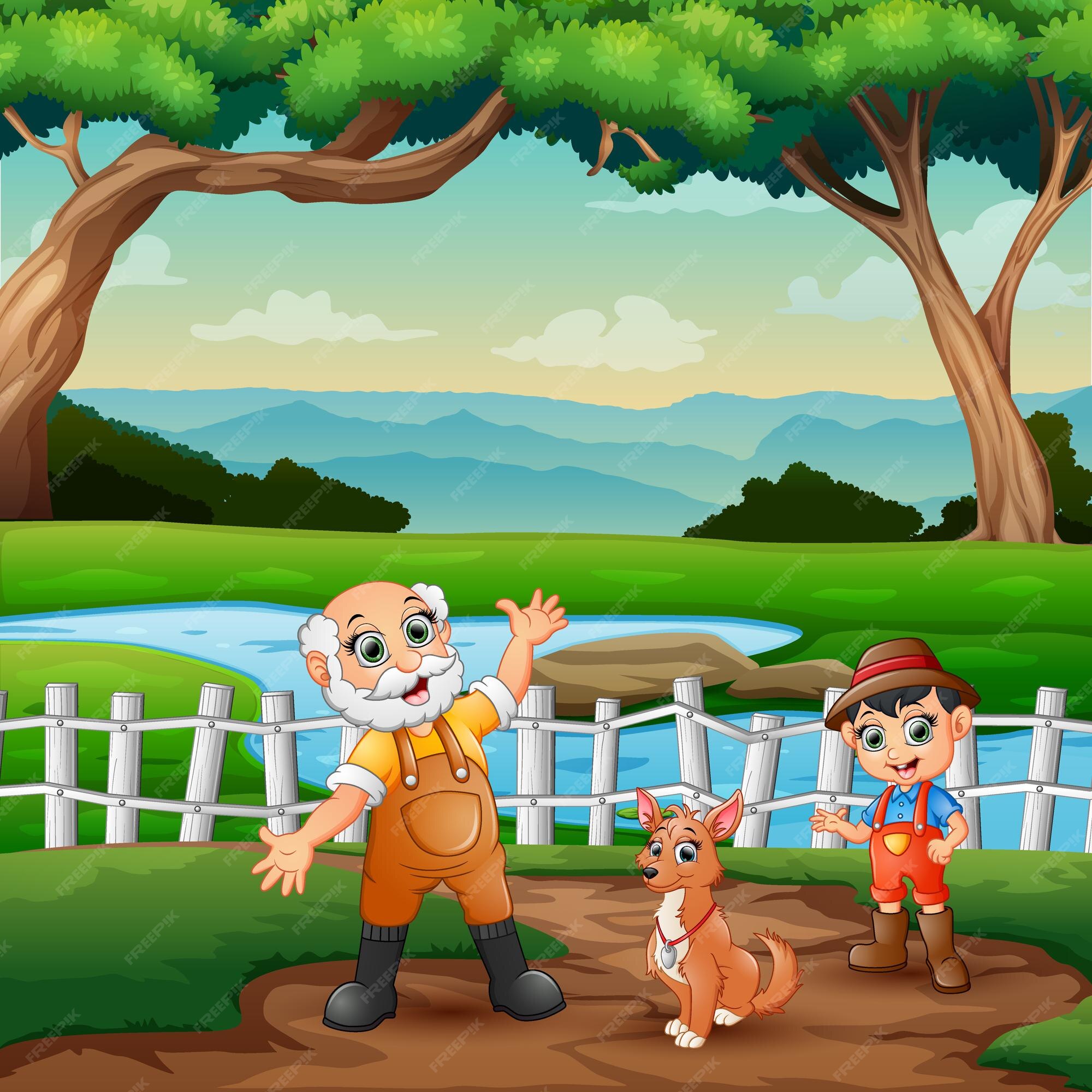 Premium Vector | Happy the farmers and a dog in the farm