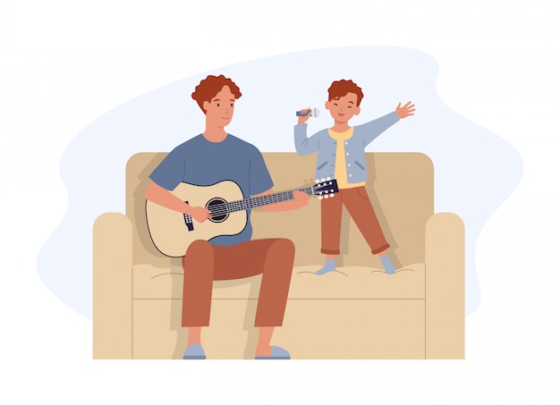 Download Happy father's day. dad playing guitar and sing with son. father and his little kid having good ...