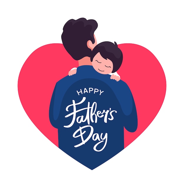 Happy father's day greeting card design. dad holding his child vector flat illustration with love heart frame and hand lettering typography text Premium Vector