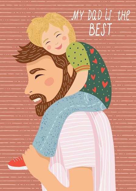 my dad's the best hand-drawn illustration of dad and the child sitting on his shoulders Premium Vector