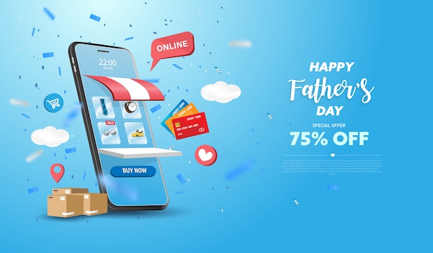 Zonder de sneeuw ui Premium Vector | Happy father's day sale banner or promotion on blue  background. online shopping store with mobile , credit cards and shop  elements