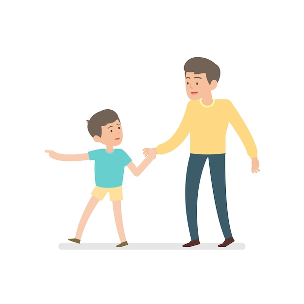 Download Happy father and son holding hands while walking together | Premium Vector
