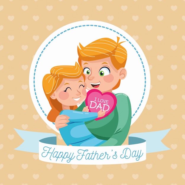 Premium Vector Happy Fathers Day Card With Dad Carring Daughter In Circular Frame