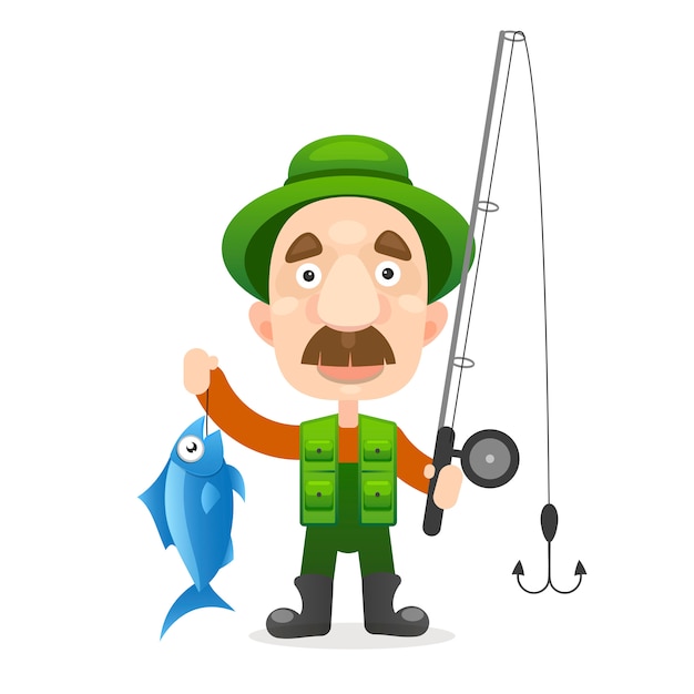 Happy fisherman character hold big fish. Premium Vector