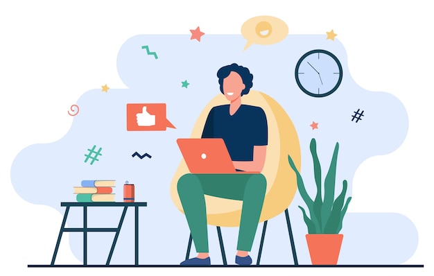 Happy freelancer with computer at home. young man sitting in armchair and using laptop, chatting online and smiling. vector illustration for distance work, online learning, freelance Free Vector