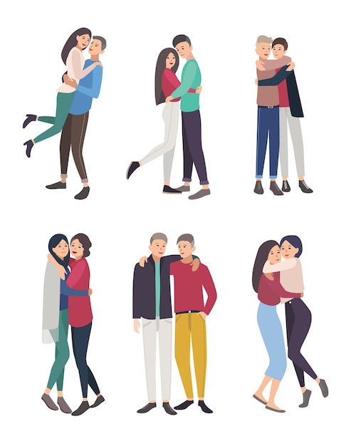 Premium Vector | Happy friends hug set. guys and girls cuddling ...