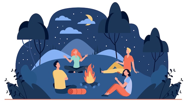 夏の夜のフラットイラストでキャンプファイヤーの近くに座っている幸せな友達 火の近くで怖い話をする漫画の人々 無料のベクター