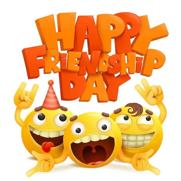 Happy friendship day card with group of emoji cartoon characters. Premium Vector