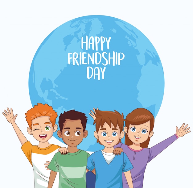 Happy friendship day celebration with group of kids Premium Vector