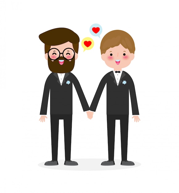 Happy Gay Couple In Wedding Attire And Flat Modern Style Illustration Design Clip Art Isolated 2737