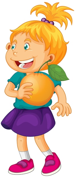 オレンジを持って幸せな女の子の漫画のキャラクター 無料のベクター