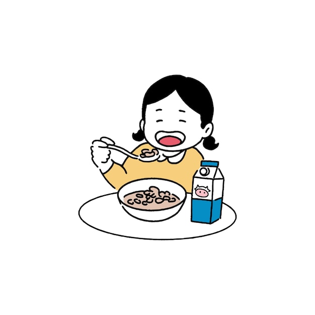 シリアル 朝食のコンセプト 手描き線画スタイルのイラストを食べる幸せな女の子 プレミアムベクター