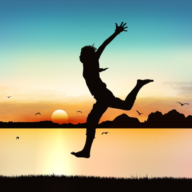 Premium Vector | Happy girl jumping on silhouette art.