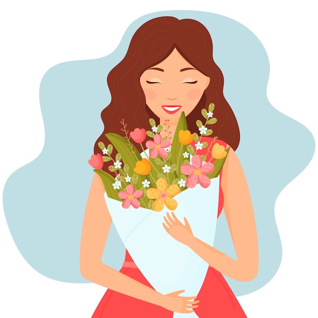 花の花束フラットイラスト幸せな女の子 プレミアムベクター