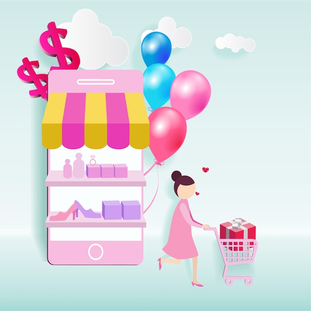 Download Free Happy Girl With Shopping Cart Shopping In Online Store Vector Use our free logo maker to create a logo and build your brand. Put your logo on business cards, promotional products, or your website for brand visibility.