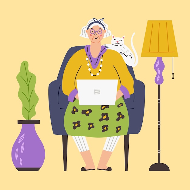 Premium Vector | Happy grandmother with cat at laptop