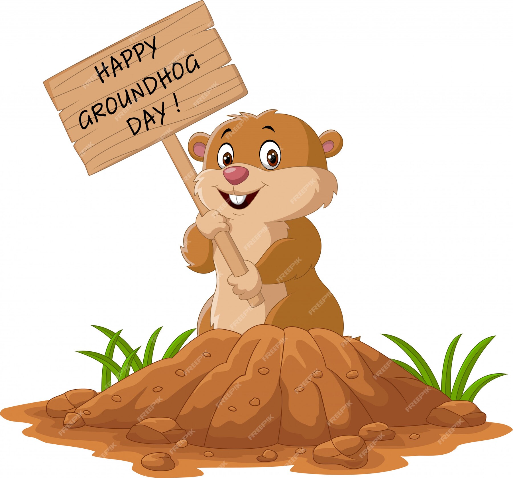 Premium Vector Happy groundhog day. funny groundhog holding wooden sign