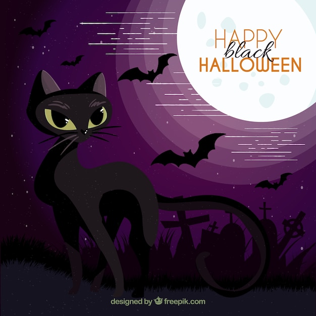 Happy halloween background with cat and\
bats