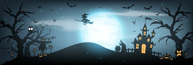 お化け屋敷 満月と魔女と幸せなハロウィーンの背景 プレミアムベクター