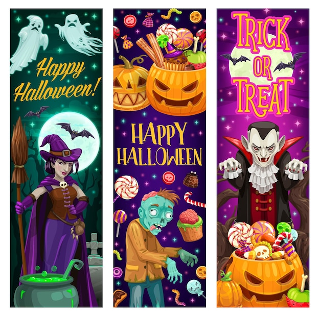 Premium Vector Happy Halloween Banners With Monsters And Sweets