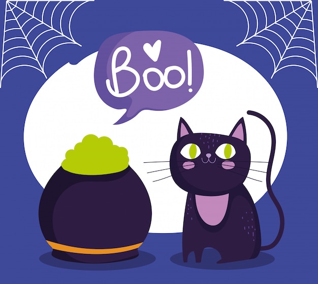ハッピーハロウィン 黒猫と大釜のポーションスペルトリックオアトリートパーティーお祝いイラスト プレミアムベクター