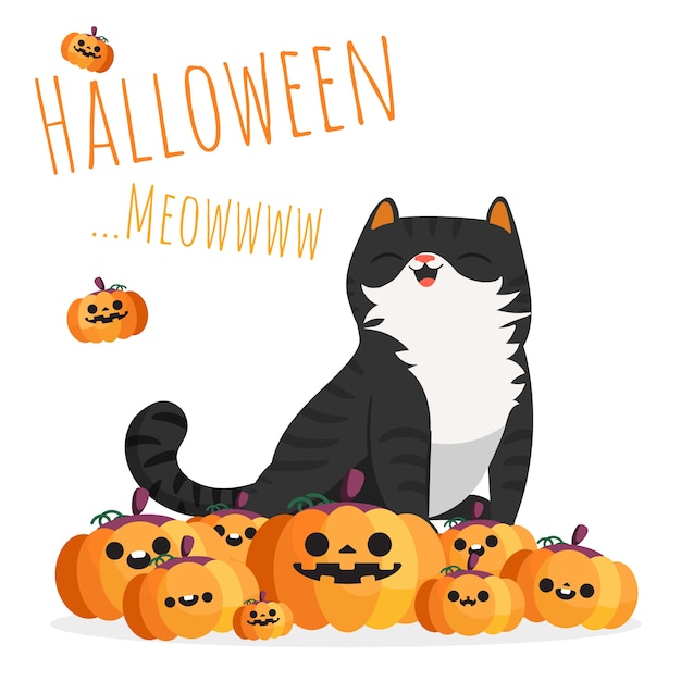Premium Vector | Happy halloween black cat sitting on pile of pumpkins.