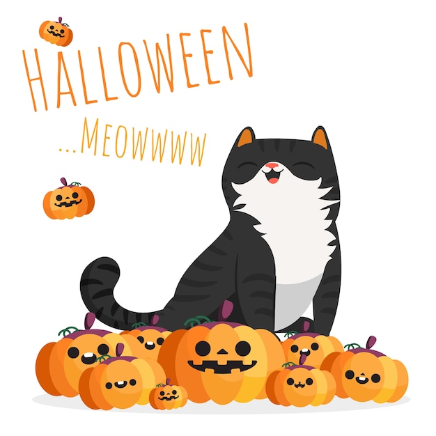 Premium Vector Happy Halloween Black Cat Sitting On Pile Of Pumpkins