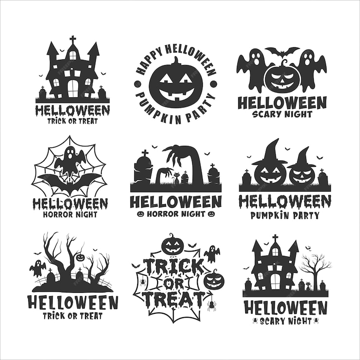 Premium Vector | Happy halloween black white logo